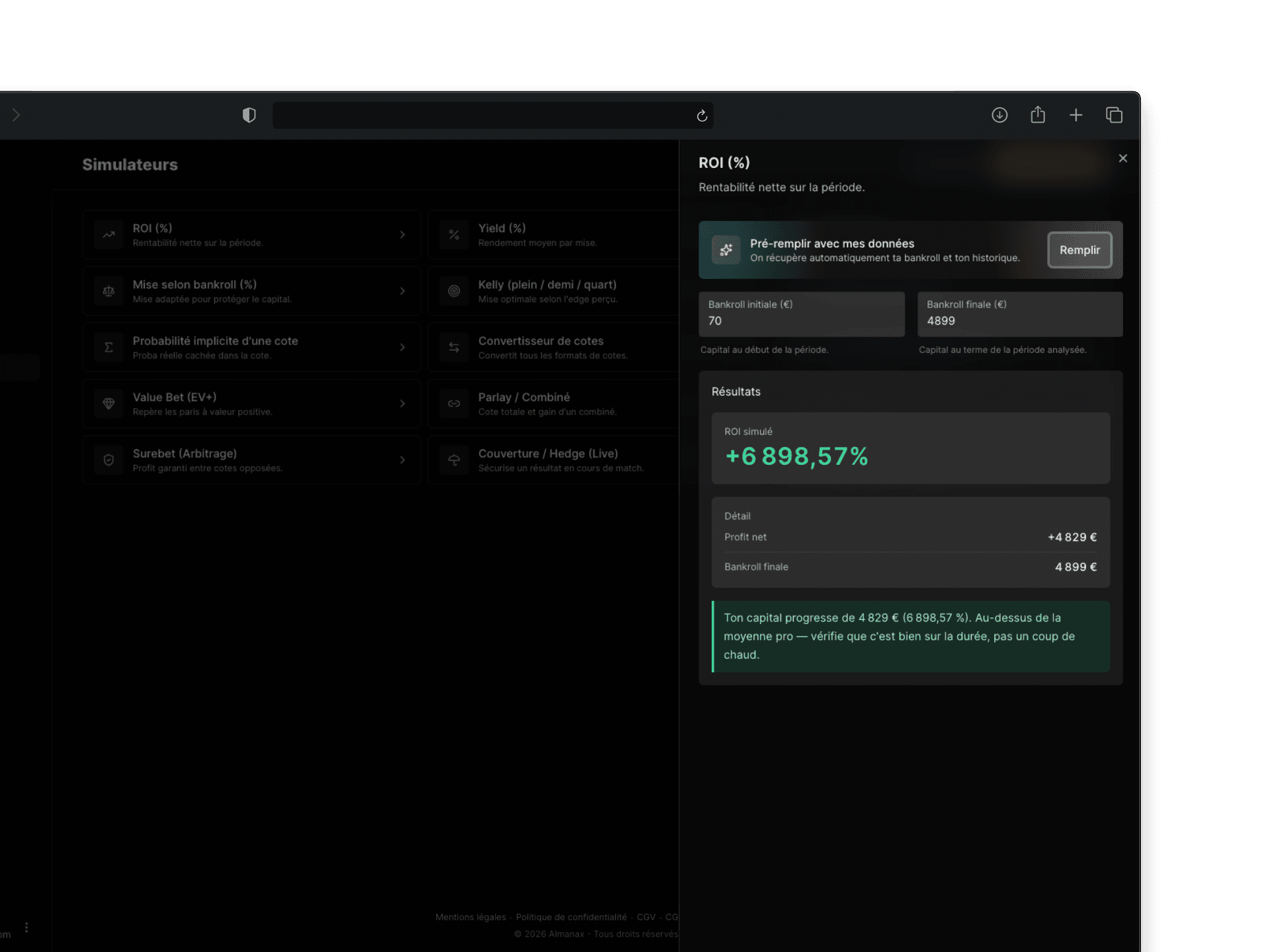 Simulateurs Almanax : Kelly, value bet, hedge, dutching, break-even